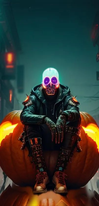 Cyberpunk style skull on a glowing pumpkin in neon city.