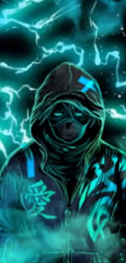 Hooded figure in neon cyberpunk style.