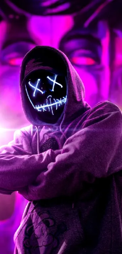 Hooded figure with neon glowing mask in purple cyberpunk style.