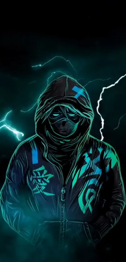 Hooded figure with teal lightning on black background, cyberpunk style.