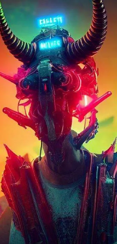 Cyberpunk art of a horned robotic figure with vivid colors.