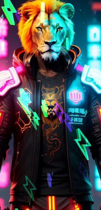 Futuristic cyberpunk lion avatar with neon lights and vibrant colors.