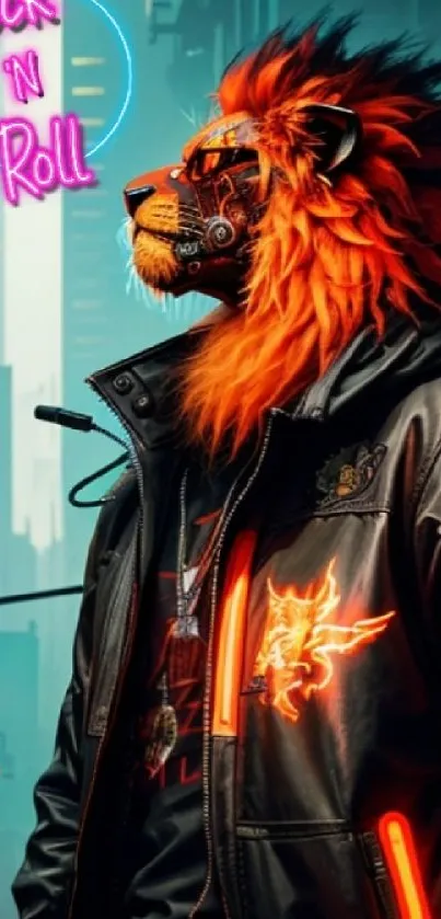 Cyberpunk lion in neon city, rock'n'roll vibe.