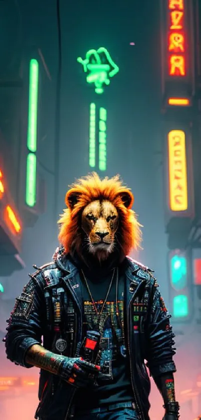 Lion-headed figure in a neon-lit cyberpunk cityscape.