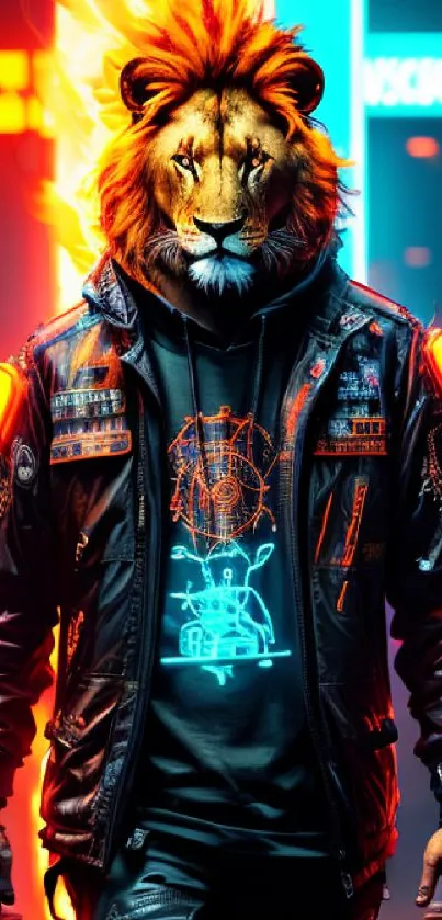 Cyberpunk lion warrior with neon hues in a futuristic setting.