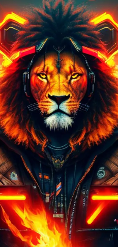 Cyberpunk lion with neon headphones and glowing orange accents.