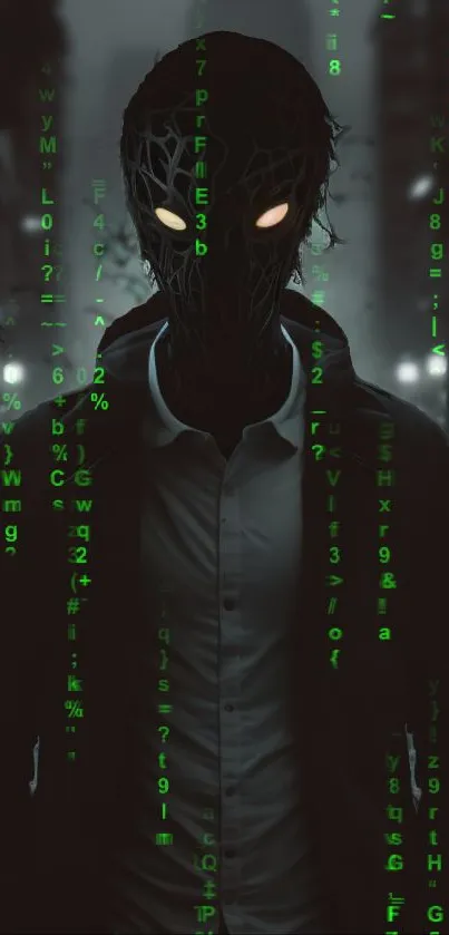 Cyberpunk wallpaper with masked figure and glowing eyes.