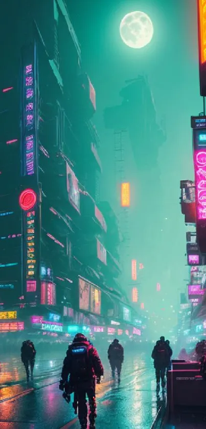 Cyberpunk city street with neon lights and a moonlit sky.