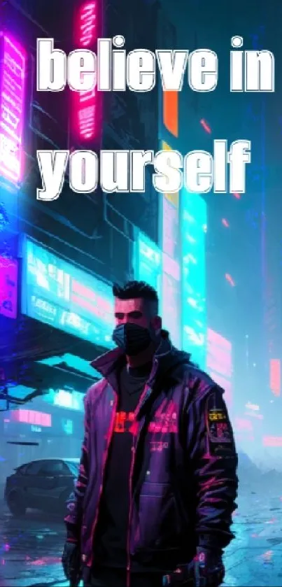 Cyberpunk street with neon signs and motivational text "believe in yourself."