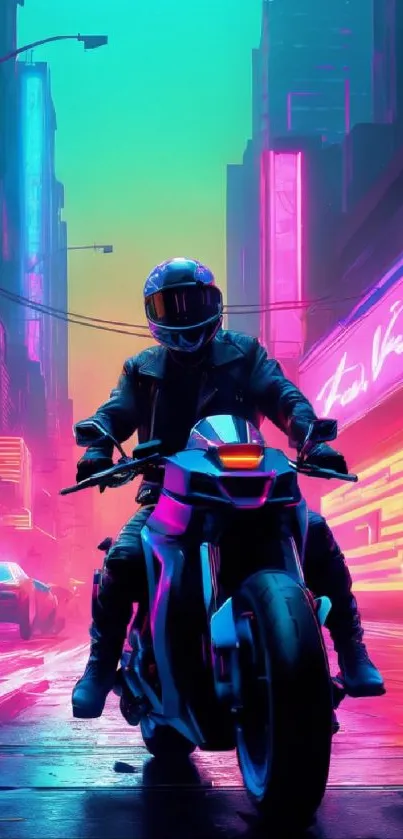 Futuristic cyberpunk motorcycle in neon-lit cityscape on wallpaper.