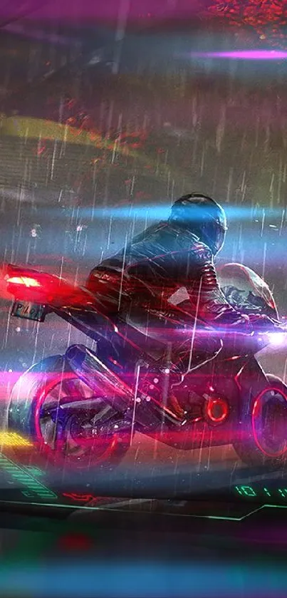 Cyberpunk motorcycle in neon-lit cityscape at night.