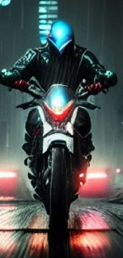 Cyberpunk style motorcycle rides in neon-lit urban street at night.