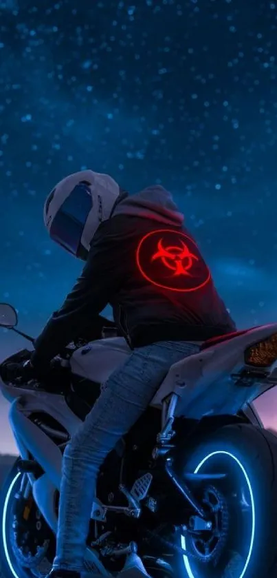 Futuristic motorcycle with neon lights under a starry night sky in digital art.