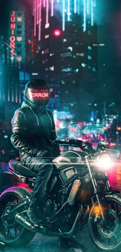 Cyberpunk-themed motorcycle wallpaper with neon city lights.