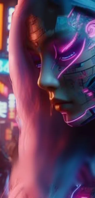 Futuristic female cyborg with neon elements in cyberpunk style.