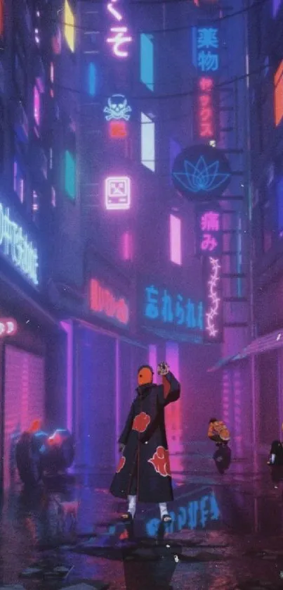 Mystical cyberpunk alley with neon lights and figures.