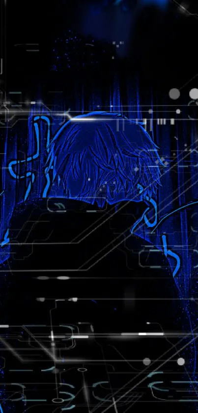 Anime character with neon blue glow in cyberpunk style.