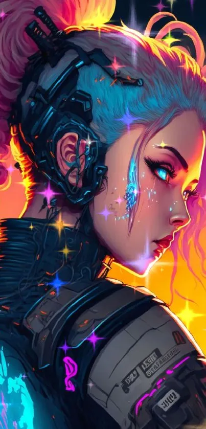 Cyberpunk neon art featuring a futuristic female character with a vibrant cityscape backdrop.