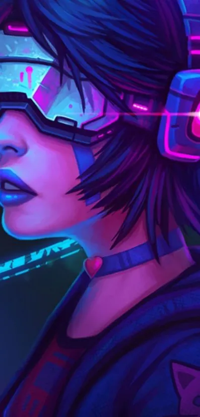 Futuristic cyberpunk art with neon blue hues and headset design.