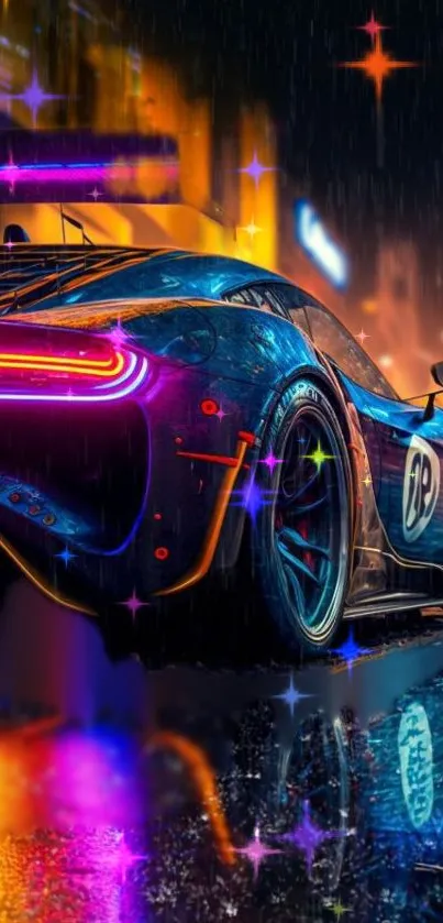 Neon-lit cyberpunk car in a rainy cityscape.