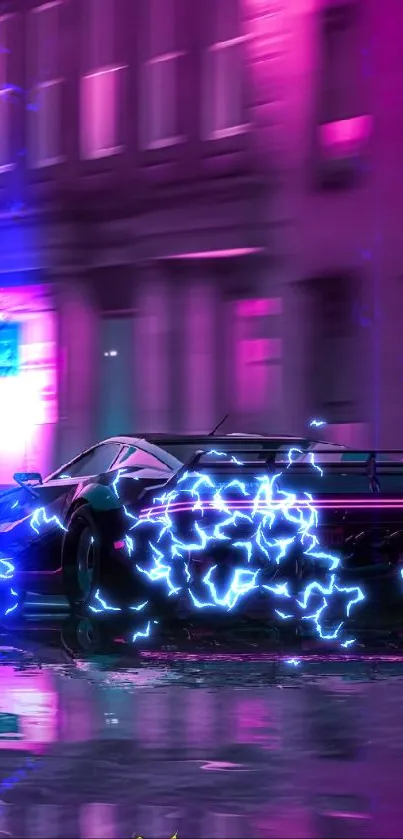 Sleek cyberpunk car with neon pink lights and reflections.