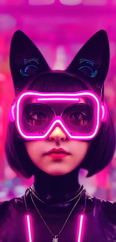 Neon-lit cyberpunk figure with cat ears and glasses.