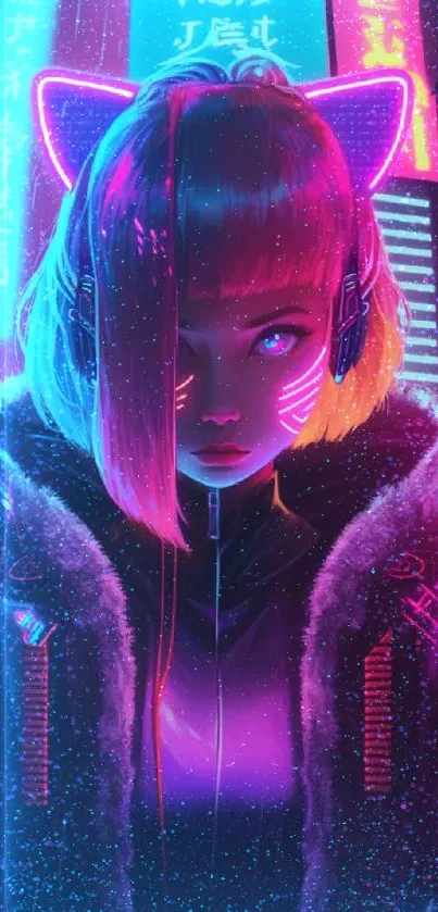 Futuristic girl with neon cat ears in a cyberpunk cityscape.