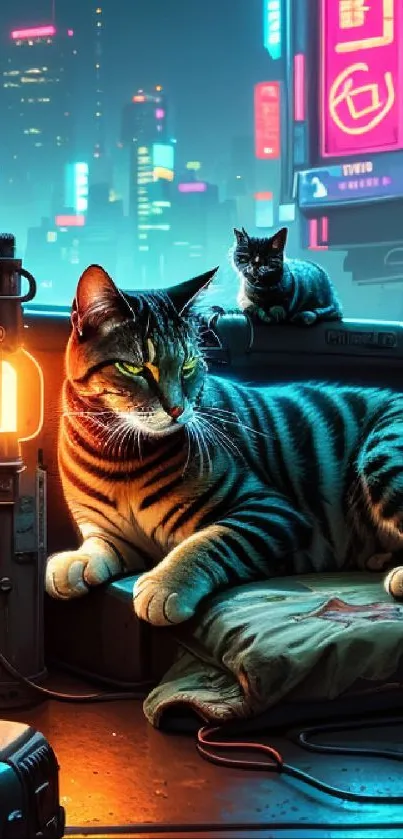 Cyberpunk cat with neon lights in a futuristic cityscape.