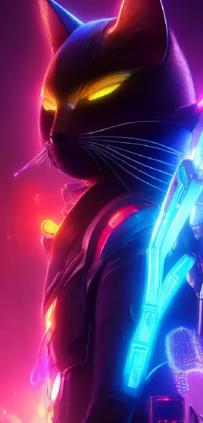 Futuristic neon cat in a vibrant cyberpunk style, glowing with magenta hues.