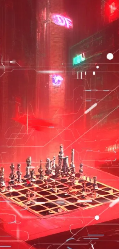 Cyberpunk neon-themed chess set with futuristic red highlights.