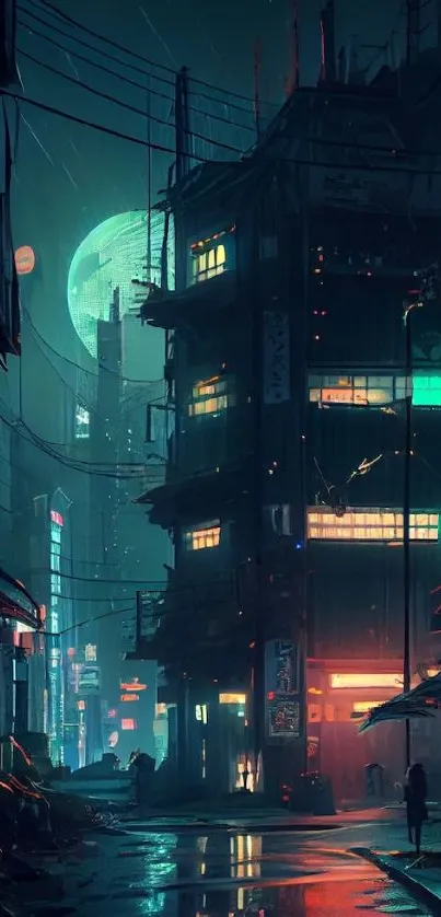 Cyberpunk city street with neon lights and a futuristic atmosphere at night.