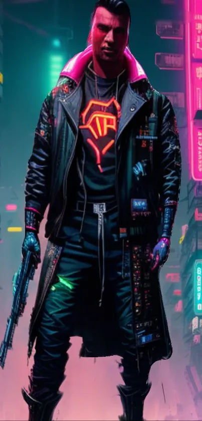 Cyberpunk city with neon lights and character in futuristic attire.