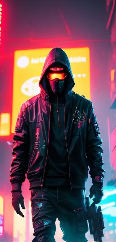 Futuristic cityscape with neon lights and a hooded figure in a cyberpunk style.