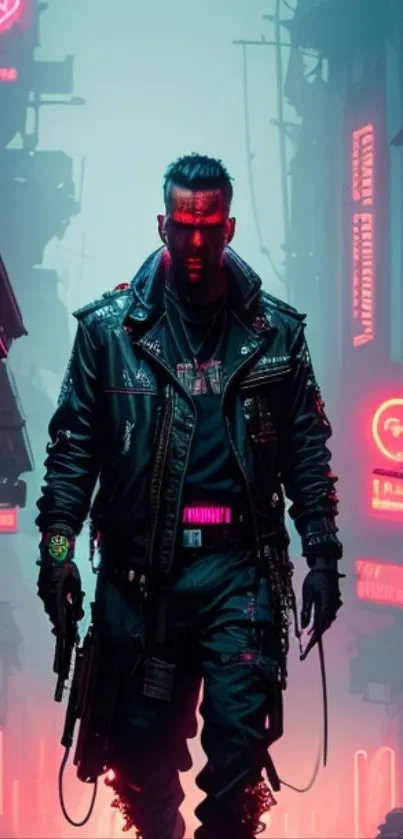 Cyberpunk scene with neon lights and a mysterious figure.