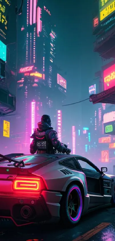 Cyberpunk cityscape with neon lights and a futuristic car.