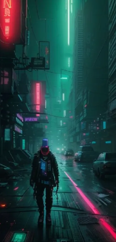 A cyberpunk cityscape with neon lights and a futuristic figure walking.