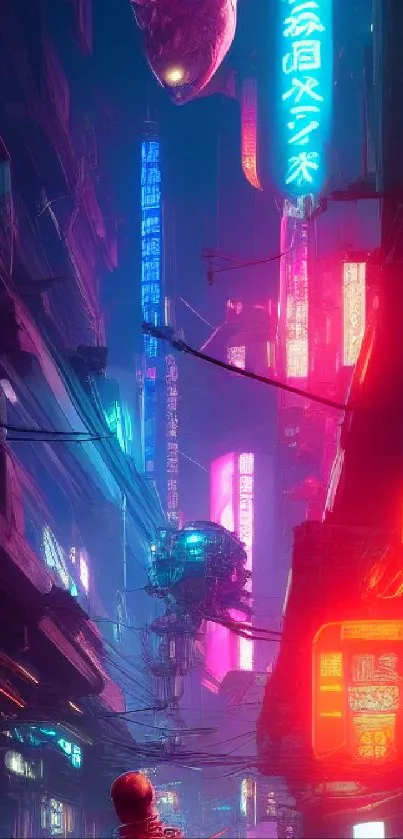 Futuristic cyberpunk cityscape with neon lights.