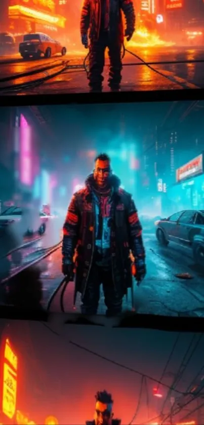 Cyberpunk cityscape with neon lighting and futuristic elements.