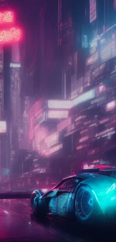 Futuristic car in a neon-lit cyberpunk cityscape at night.