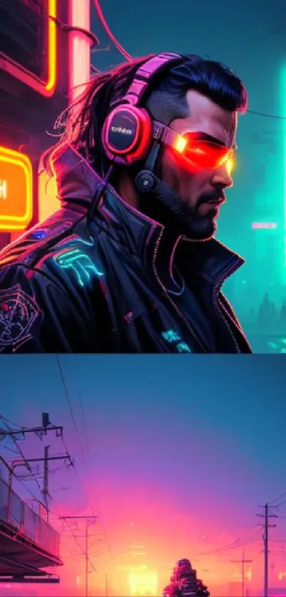 Cyberpunk themed neon city wallpaper with futuristic elements and character.