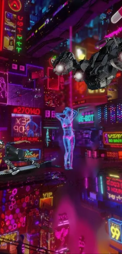 Futuristic cyberpunk cityscape with neon lights and futuristic vehicles.