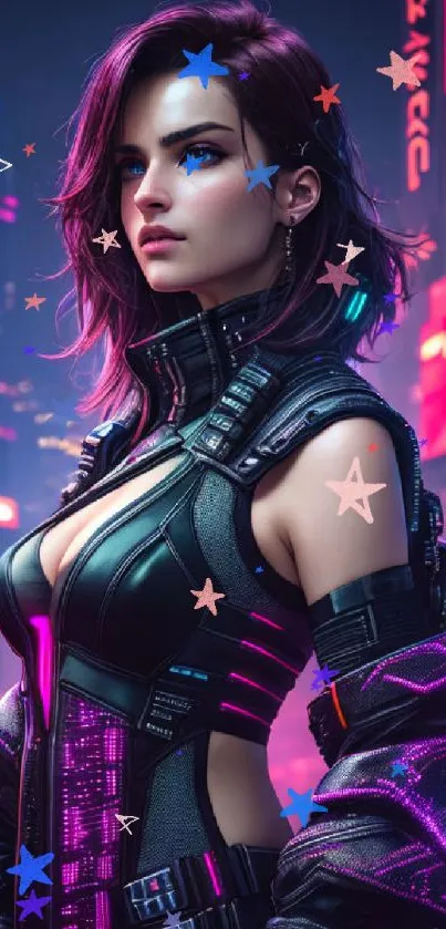 Cyberpunk girl in neon city with purple hues.