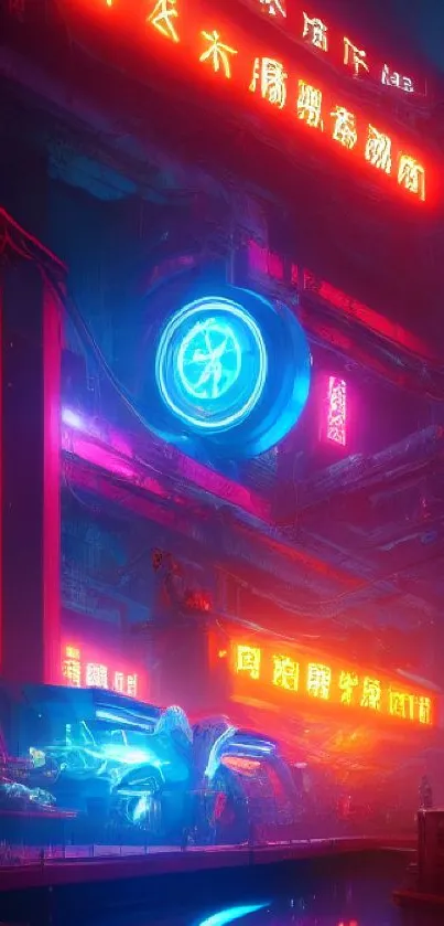 Neon-lit cyberpunk cityscape with vivid colors and futuristic architecture.