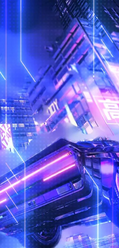 Futuristic cyberpunk cityscape with neon lights and car.