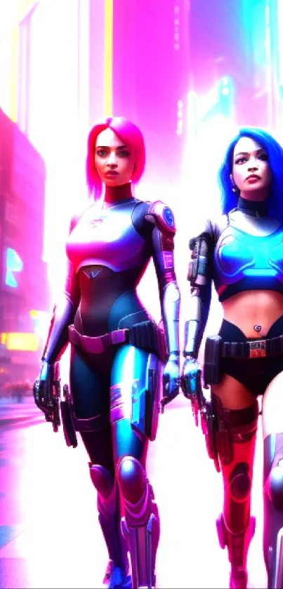 Two futuristic characters in a neon-lit cityscape, embodying cyberpunk art style.