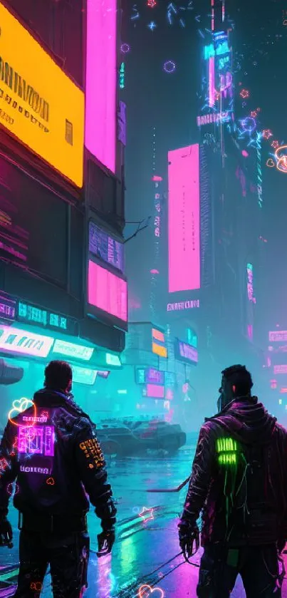 Cyberpunk cityscape with neon lights at night.