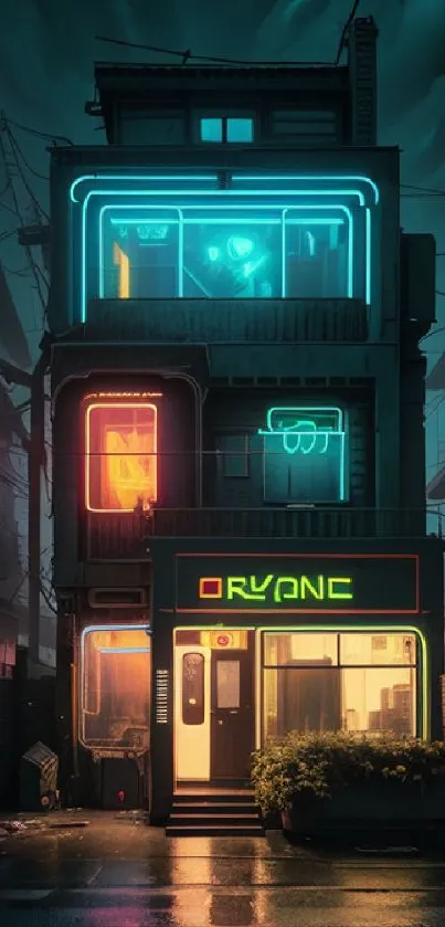 Cyberpunk city at night with vibrant neon lights in a futuristic setting.