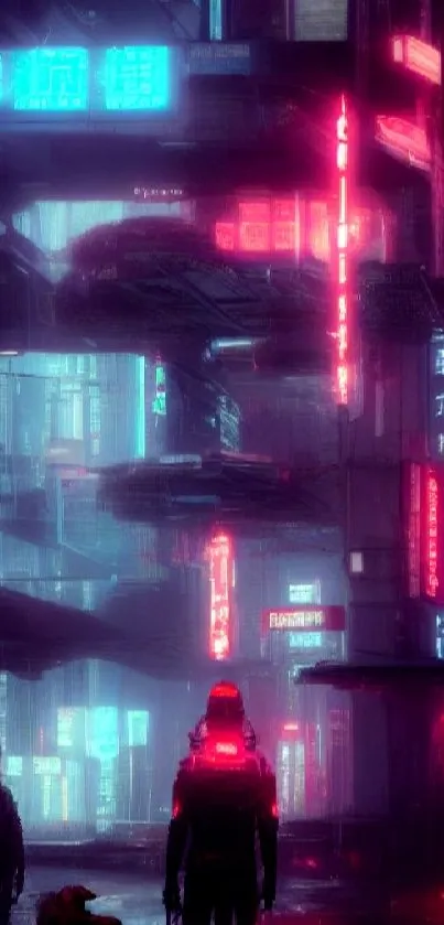 Cyberpunk city with neon lights and silhouetted figures.