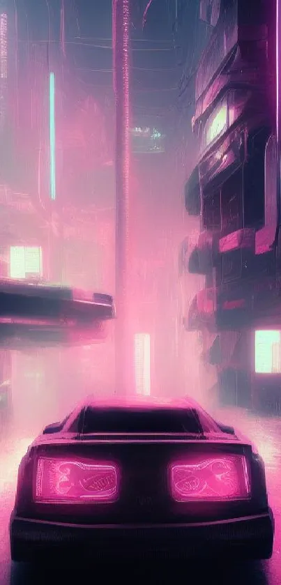 Futuristic cyberpunk cityscape with neon lights and retro car in purple hues.