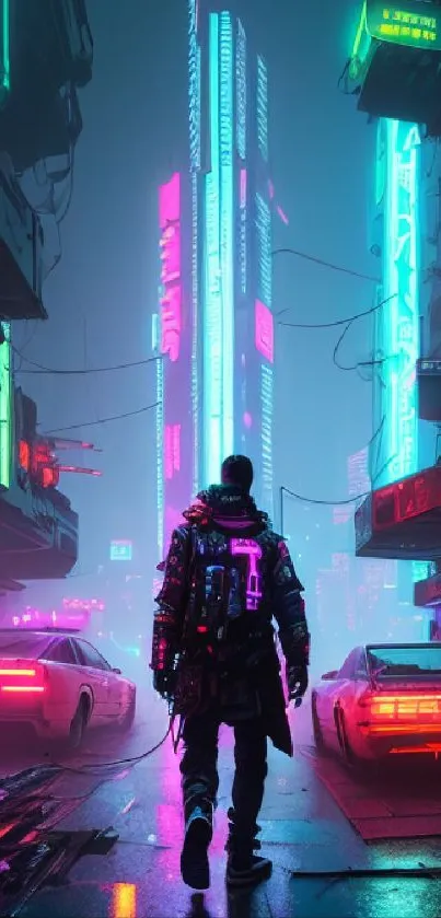 Cyberpunk cityscape with neon lights and futuristic elements in vibrant colors.